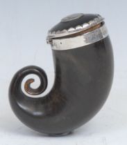 A 19th century Scottish silver coloured metal mounted horn snuff mull, hinged cover, the collar