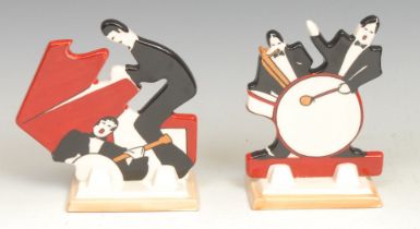 A Wedgwood reproduction Clarice Cliff Bizarre Age of Jazz pair of musicians, Man With A Drum shape