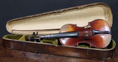 A violin, the two-piece back 35.5cm long excluding button, ebonised tuning pegs, outlined throughout