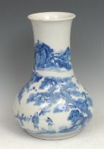 A Chinese porcelain bulbous vase, painted in underglaze blue, with figures in a rocky landscape,