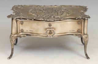 A late Victorian silver novelty dressing table top jewellery cabinet, inspired by a Louis XV