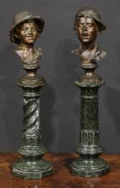 Italian School, 19th century, a near pair of brown patinated bronze busts, of a Neapolitan fisherboy