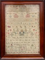 A George III sampler, by Alice Parker, aged 14, stitched in coloured threads with alphabet, numbers,
