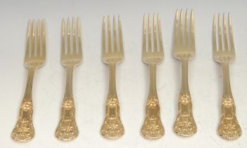 A set of six Victorian silver-gilt forks, 17.5cm long, French coats of arms, George W Adams,