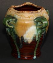 A Bourne Denby Danesby Ware Moorland four handled vase, 17cm high, c.1935