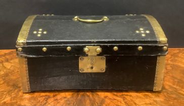 A 19th century brass mounted leather-clad document box or trunk, of table-top proportions, hinged