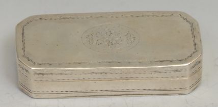 A Continental silver canted rectangular snuff box, hinged cover, bright-cut and wrigglework