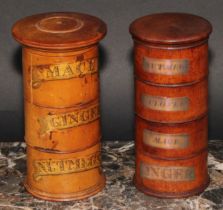 Treen - a 19th century three-section spice tower, 16cm high, c.1840; another (2)