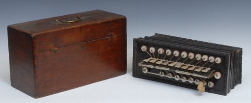 A 19th century flutina, indistinctly stamped, 34cm wide, mahogany box with brass swan neck handle