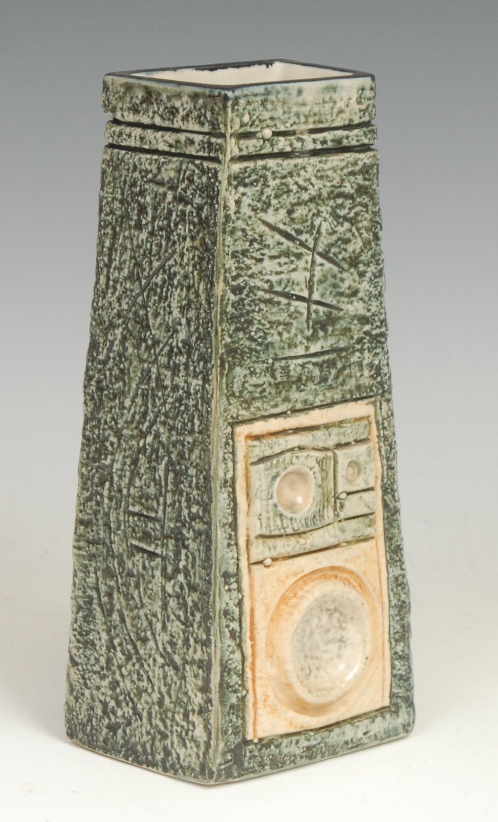 A Troika coffin vase, by Anette Walters, signed, sgraffito incised with geometric designs in ochre - Image 2 of 4