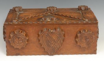 Folk Art - a 19th century tramp art rectangular box, applied with hearts and stylized geometric