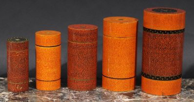 A graduating and stacking set of Kashmiri cylindrical boxes, the largest 17cm high