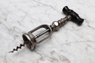 Helixophilia - a 19th century French nickel plated mechanical corkscrew, turned handle, 19.5cm long,