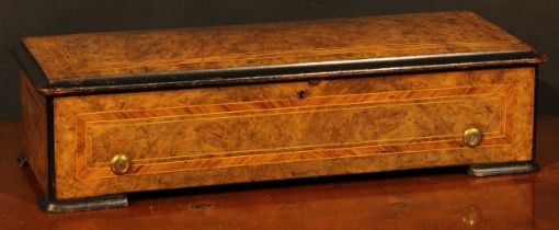 A 19th century Swiss walnut rounded rectangular music box, 33cm cylinder playing on a two-piece