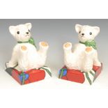 A pair of Wedgwood reproduction Clarice Cliff Teddy Bear Bookends, hand painted based upon an