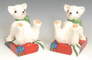 A pair of Wedgwood reproduction Clarice Cliff Teddy Bear Bookends, hand painted based upon an