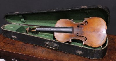 A violin, the two-piece back 35.75cm long excluding button, outlined throughout with purfling,