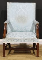 A 19th century mahogany Gainsborough chair, stuffed-over upholstery, square forelegs, H-stretcher,