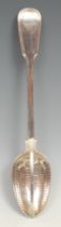 An early Victorian silver Fiddle and Thread pattern straining spoon, 31cm long, George W Adams,