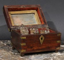 An Indian hardwood and brass marquetry apothecary medicine or cosmetics box, hinged cover with