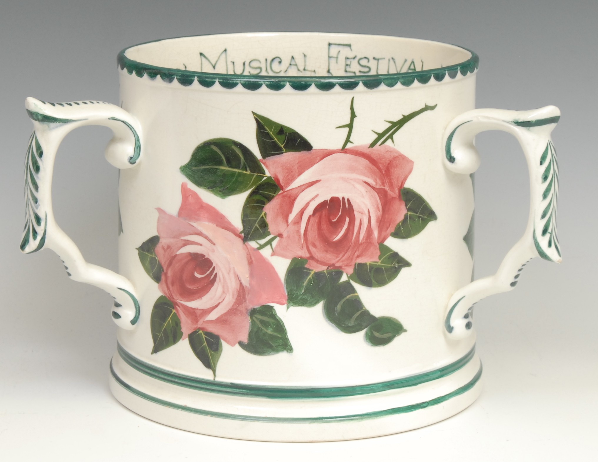 A large Bristol Pottery tyg, typically painted with red cabbage roses and green foliage, probably - Image 3 of 5