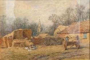 Wilmot Pilsbury (1840-1908) The Farm By The Church signed, dated 1885, watercolour, label to