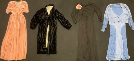 Vintage Fashion - 1930's - a black crushed velvet full length coat, silk lined, ruched three quarter
