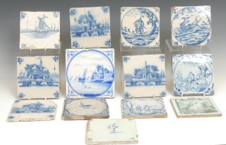 A collection of 18th century Delft tiles, various subjects, Jonah and the Whale, a hare, a