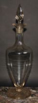 A large 19th century glass ovoid pedestal decanter, pointed prismatic stopper, star-cut base, 55cm