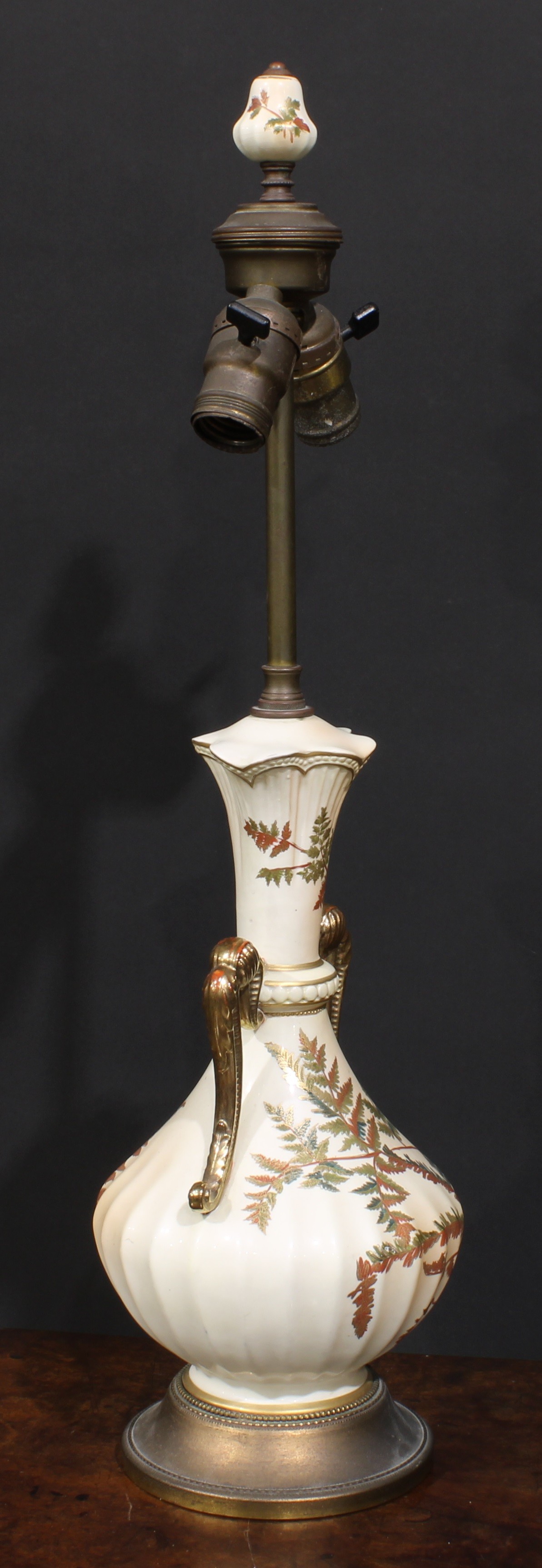 A Royal Worcester blush ivory fluted ovoid table lamp, decorated and picked out in gilt with fern, - Image 2 of 3