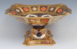 A Royal Crown Derby Imari palette 1128 pattern shaped square pedestal comport, dolphins to angles,