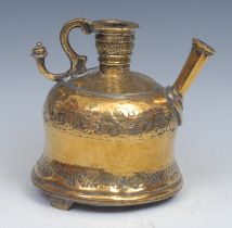 A Middle Eastern brass hookah base, chased with bands of stylised flowers, scroll handle, three
