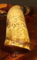 A 19th century American scrimshaw powder horn, inscribed Noah Wright, 3rd Regt. NY (New York),