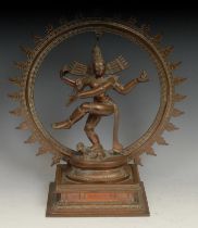 A 19th century copper alloy shrine figure, Shiva Nataraja, in three sections, rectangular base, 35cm