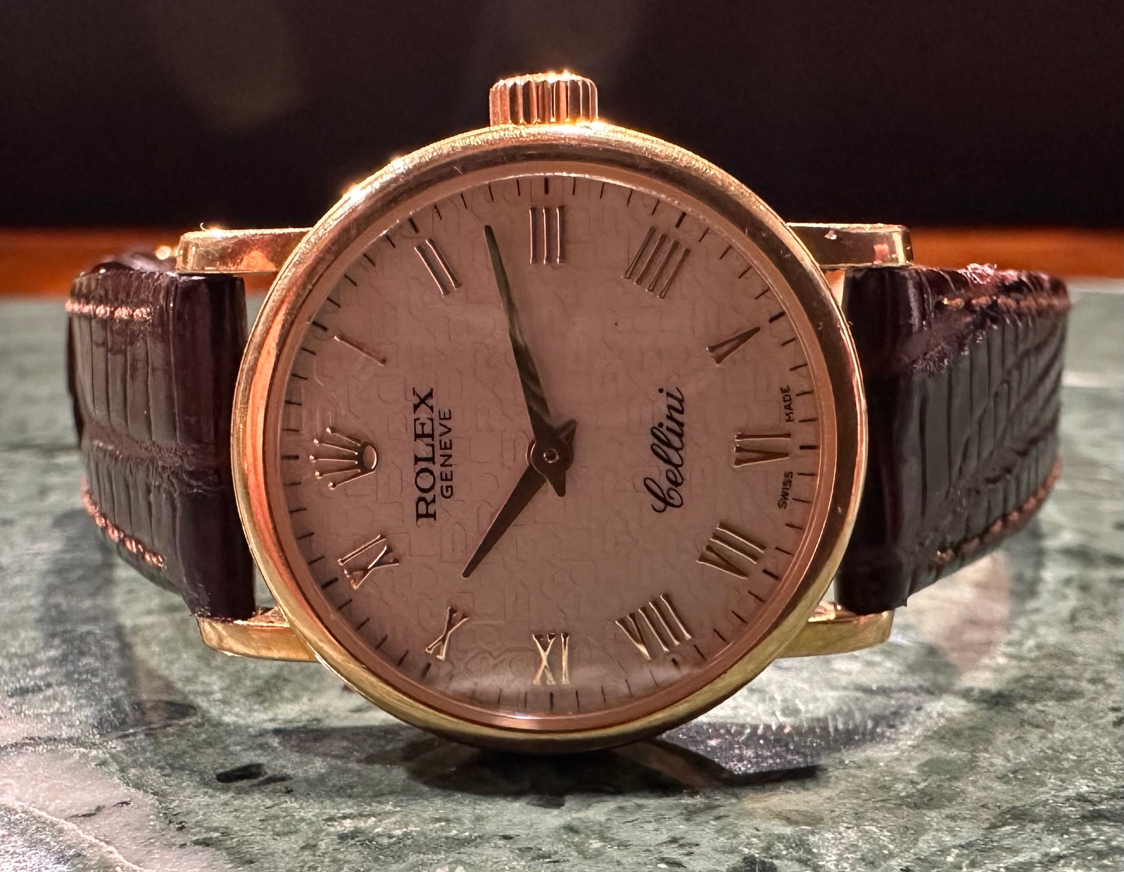 A lady's 18ct gold Rolex Cellini wristwatch, the Champagne dial with Roman numerals, winder with