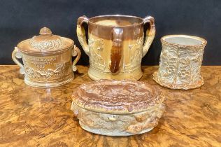 A 19th century Brampton salt glazed stoneware two-handled tobacco jar and cover, impressed R H