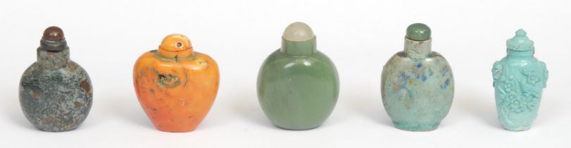 A Chinese moss agate snuff bottle, of plain design, domed stopper, 5.5cm high; a Chinese orange