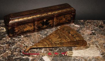 A Japanese Meiji lacquered eighteen section fan with case, the sections profusely decorated with