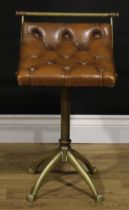 A 19th century brass adjustable music stool, deep-buttoned tan leather seat, cast paw feet, 63cm