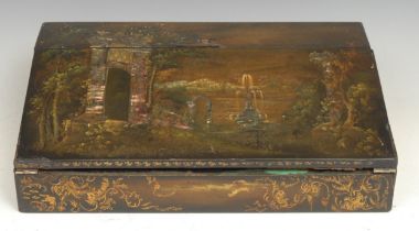 A Victorian papier mache rectangular writing box, inlaid with abalone shell and painted with an