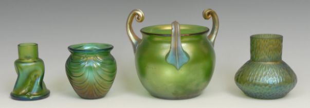 A Loetz Creta Mit Festons pattern ovoid vase, in iridescent green, 8cm, c.1901; a Loetz type three