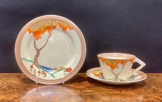 A Clarice Cliff Orange Taormina trio, comprising teacup, saucer and tea plate, printed marks, the