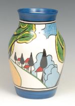 A Wedgwood reproduction Clarice Cliff Bizarre May Avenue pattern Isis Vase, hand painted based
