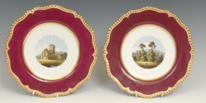 A pair of Flight Barr & Barr Worcester Named View plates, Malvern Hills from Broughton House near