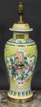 A Chinese ovoid vase, mounted as a lamp, decoarted in polychrome enamels with figures of the