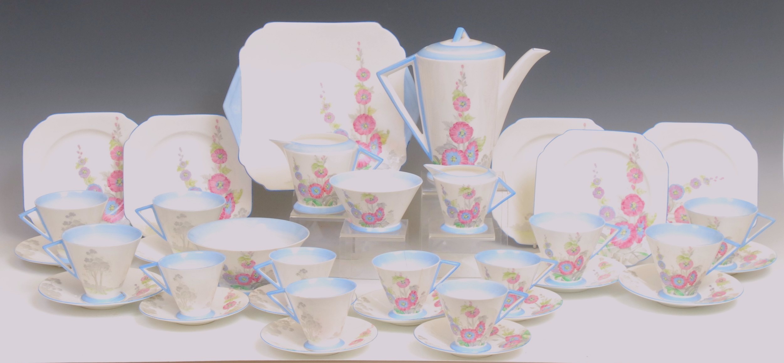 A Shelley Eve shape Holly Hocks pattern tea and coffee set, pattern no 12019, inc, coffee pot, six