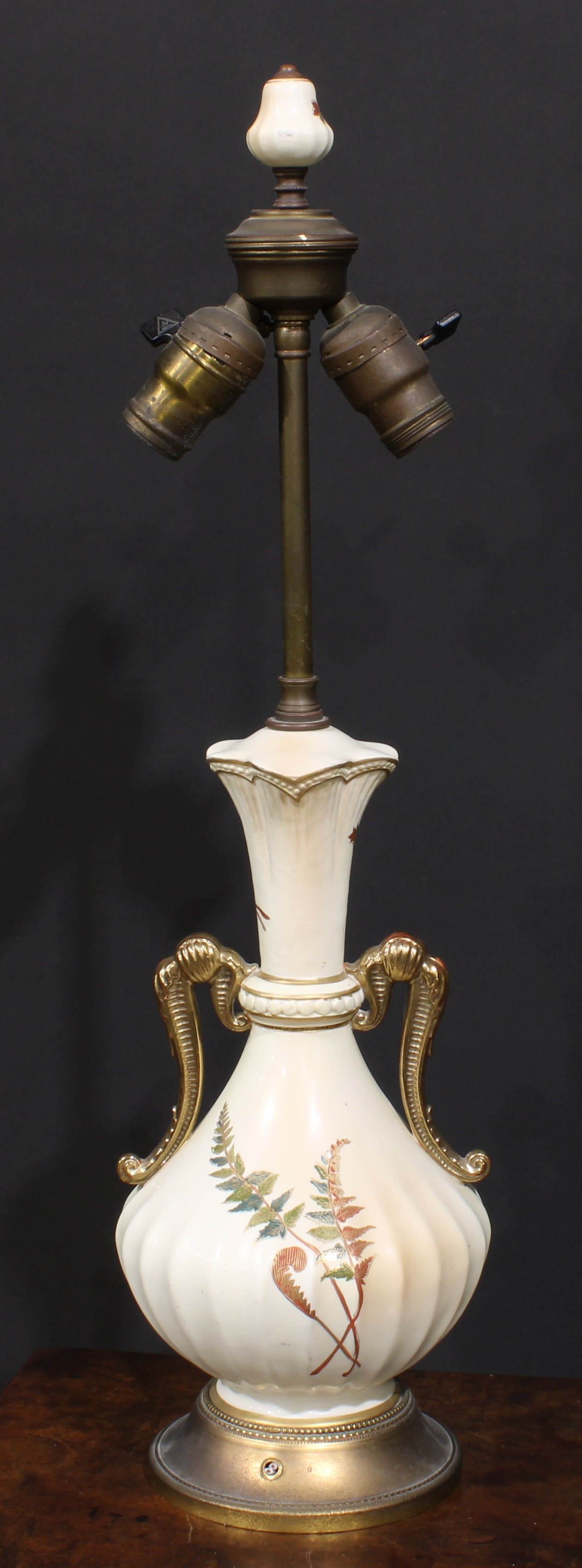 A Royal Worcester blush ivory fluted ovoid table lamp, decorated and picked out in gilt with fern, - Image 3 of 3