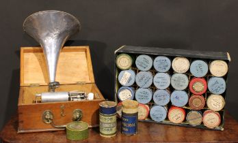 An early 20th century cylinder phonograph, rectangular case, aluminium horn, 32cm wide; a