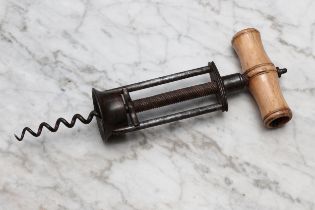 Helixophilia - a 19th century steel two-pillar mechanical corkscrew, turned bone handle, 22cm long