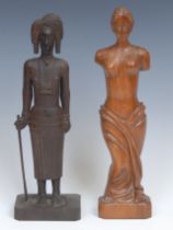 An African hardwood figure, 31.5cm high; another hardwood figure, female nude torso (2)